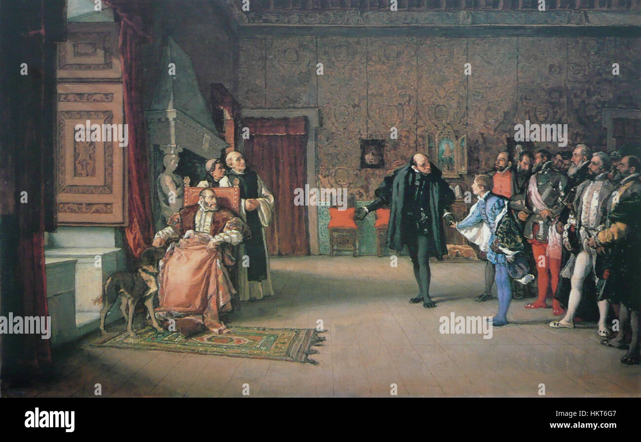 Ein Gemälde von Eduardo Rosales, das Don Juan d’Autriche, eine historische Figur der spanischen Habsburger, darstellt. Das Kunstwerk fängt einen Moment der Pracht ein und zeigt den klassischen Stil von Rosales aus dem 19. Jahrhundert. Stockfoto