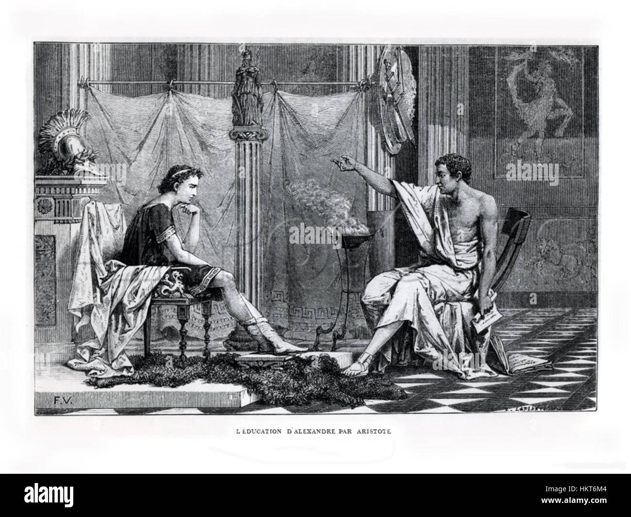 Das Gemälde „Erziehung Alexanders durch Aristoteles“ zeigt den berühmten Moment, in dem Aristoteles Alexander den Großen unterrichtet, und hebt die intellektuellen Grundlagen der zukünftigen Eroberungen Alexanders hervor. Stockfoto