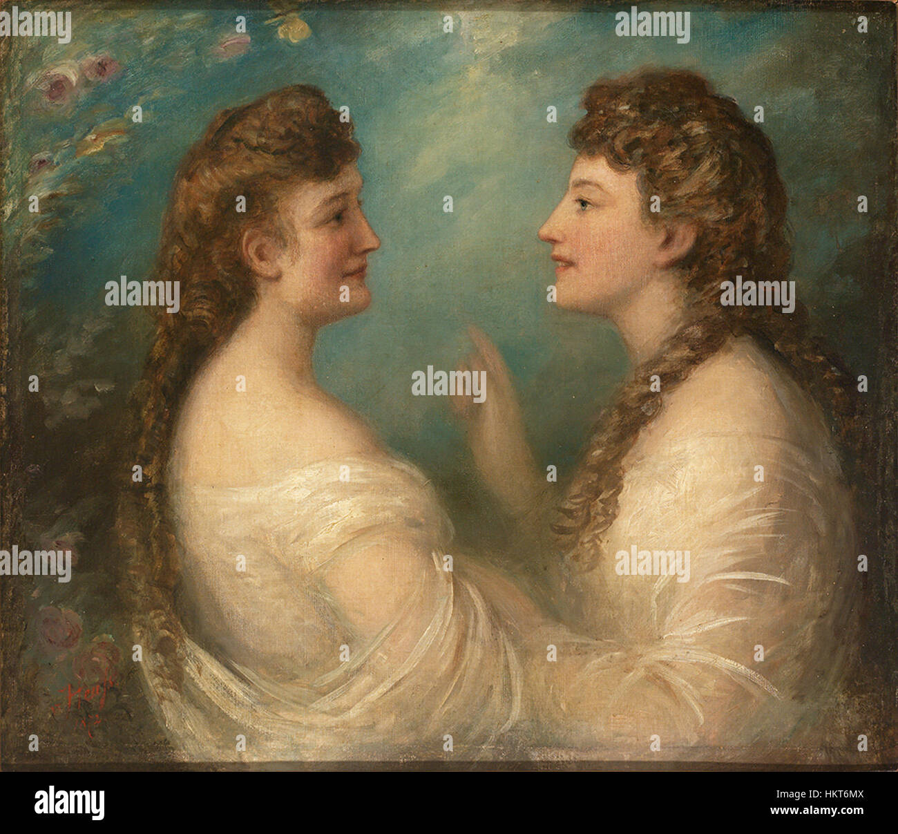 Eduard von Heuss’ Porträt von Elisabeth und Sophie Kraetzer präsentiert die beiden Frauen in einem formalen Stil des 19. Jahrhunderts, der ihren Status und ihre Raffinesse verkörpert. Das Gemälde unterstreicht Heuss' Fähigkeit, die würde und Eleganz seiner Motive einzufangen. Stockfoto