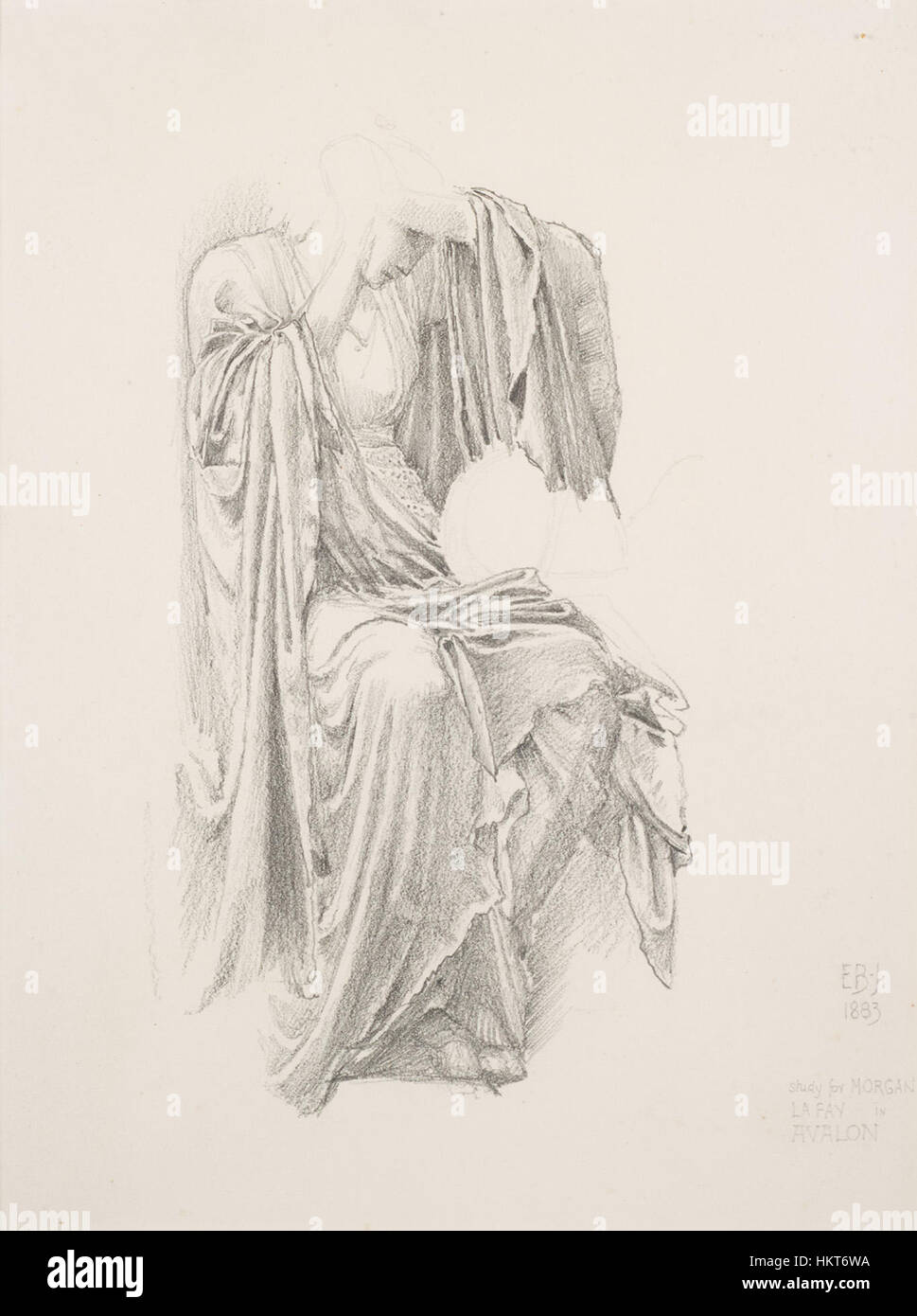 Diese Studie von Edward Coley Burne-Jones zeigt Queen Morgana le Fay in königlichen Gewändern, wobei detaillierte Studien mit Drapierungen die Beherrschung von Stoff und Form unterstreichen. Das Stück spiegelt die Themen der Arthurischen Legende wider. Stockfoto