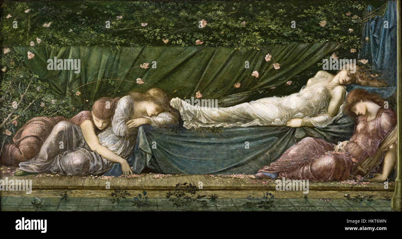 Edward Coley Burne-Jones' Dornröschen, Teil der Briar Rose-Serie, wird im Museo de Arte de Ponce ausgestellt. Dieses Gemälde ist bekannt für seinen komplizierten Stil, der mythologische Themen mit viktorianischer Ästhetik verbindet und einen Moment aus dem berühmten Märchen einfängt. Stockfoto