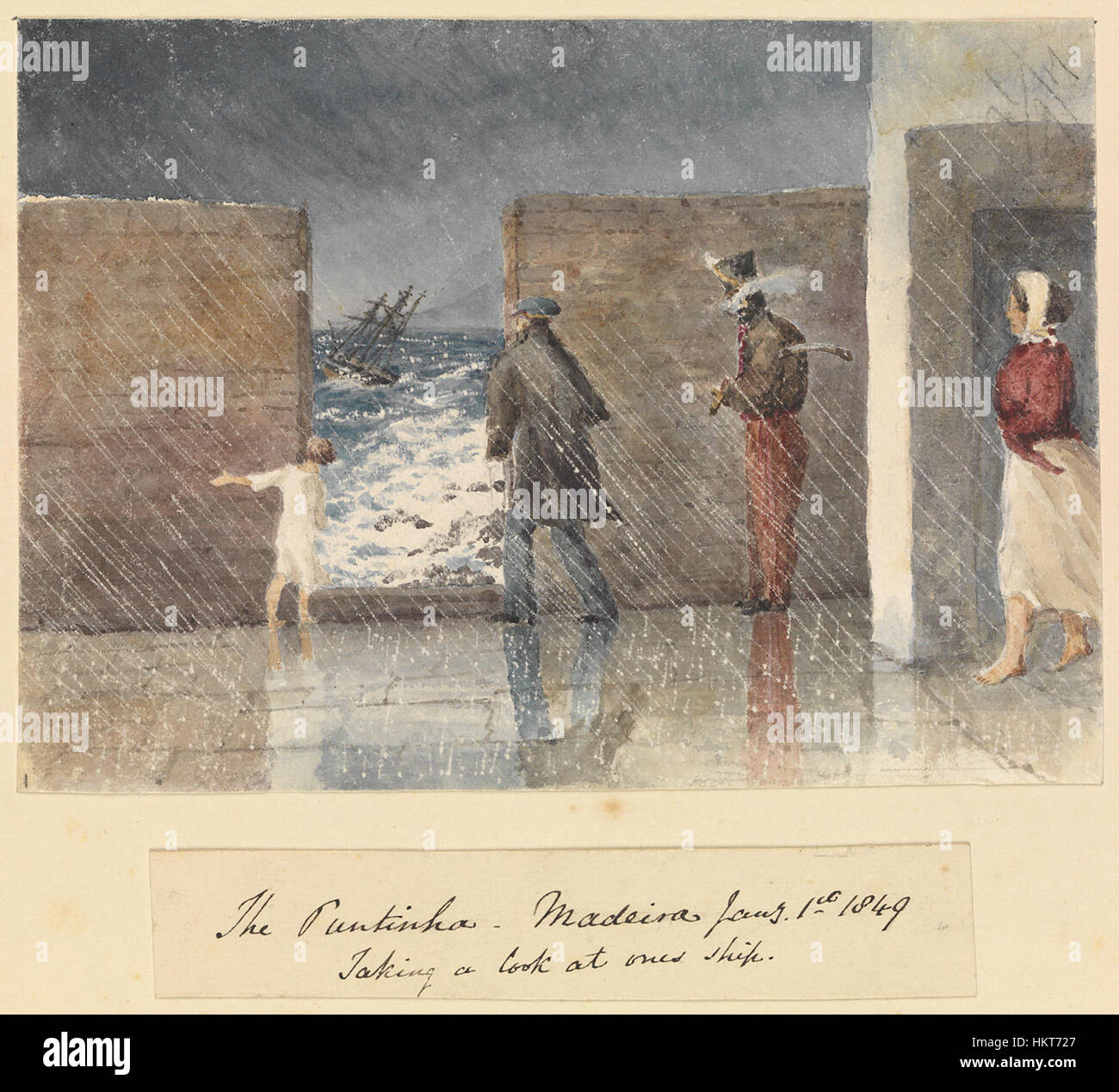 Ein Gemälde von Edward Gennys Fanshawe mit dem Titel „The Puntinha“, das einen Moment an Bord eines Schiffes auf Madeira am 1. Januar 1849 festnimmt. Die Arbeit spiegelt die maritime Kultur der Zeit wider und stellt die Sicht eines Schiffes mit Liebe zum Detail und realistischen Techniken dar. Stockfoto