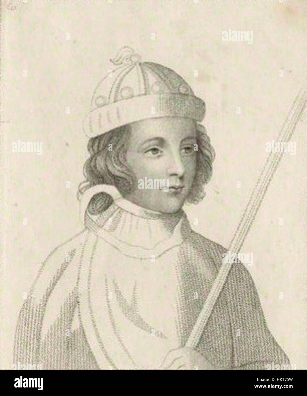 Dieses Kunstwerk zeigt eine abgeschnittene Darstellung von *Edward of Westminster*, dem Sohn von *Heinrich VI.* von England, bekannt für seine Rolle in den Rosenkriegen. Das Gemälde stellt ihn als jungen Prinzen dar und gibt einen Einblick in die königliche Abstammung und die turbulente englische Geschichte des 15. Jahrhunderts. Stockfoto