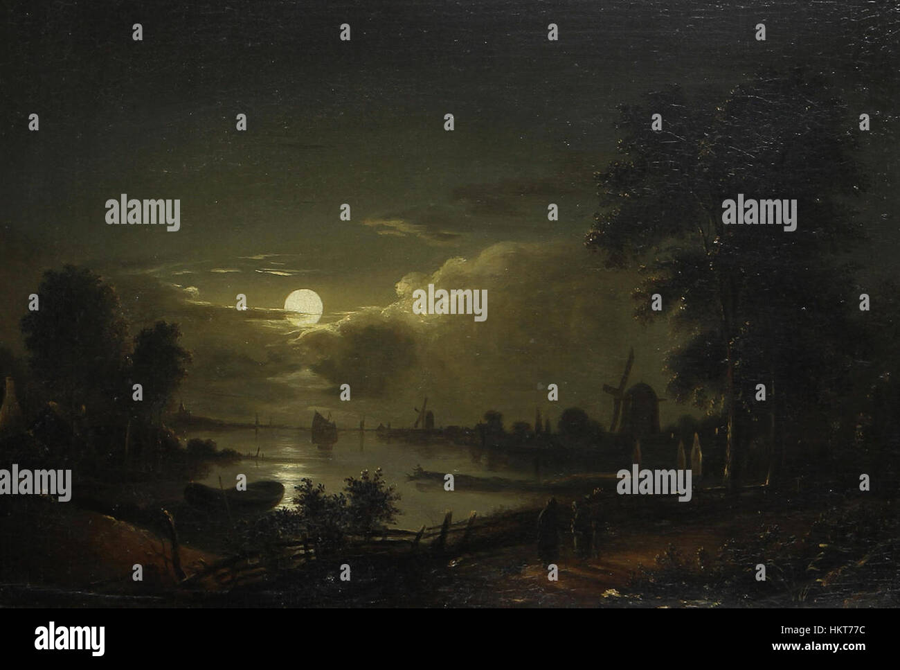 Edward Williams Gemälde „River by Moonlight“ fängt eine ruhige und stimmungsvolle Landschaft ein und zeigt die ruhige Schönheit eines Flusses, der von Mondlicht beleuchtet wird. Das Werk veranschaulicht Williams’ Können, natürliche Umgebungen mit sanftem Licht und Schatten darzustellen. Stockfoto