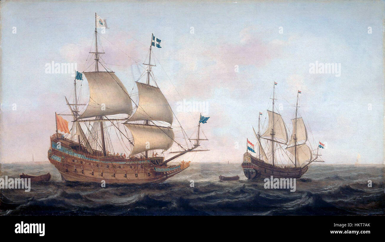 Dieses Gemälde von Jacob Gerritz. Loef von 1626 zeigt ein Kriegsschiff, das auf Befehl Ludwigs XIII. Auf einer niederländischen Werft gebaut wurde. Das Schiff ist in einen niederländischen Hafen eingelaufen, was eine visuelle Darstellung der Marinearchitektur des 17. Jahrhunderts darstellt. Stockfoto