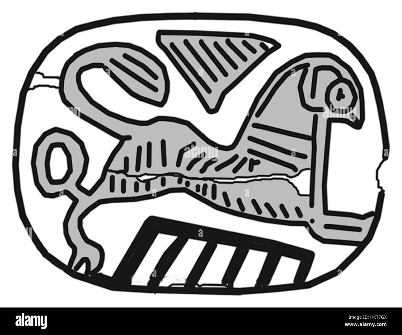 Diese ägyptische Tafel mit einer Sphinx und einer Ente ist ein Beispiel für antike ägyptische Kunst. Die Szene ist in Stein gemeißelt und zeigt die symbolische Darstellung der Sphinx und ihre Verbindung zur ägyptischen Mythologie und Symbolik. Stockfoto