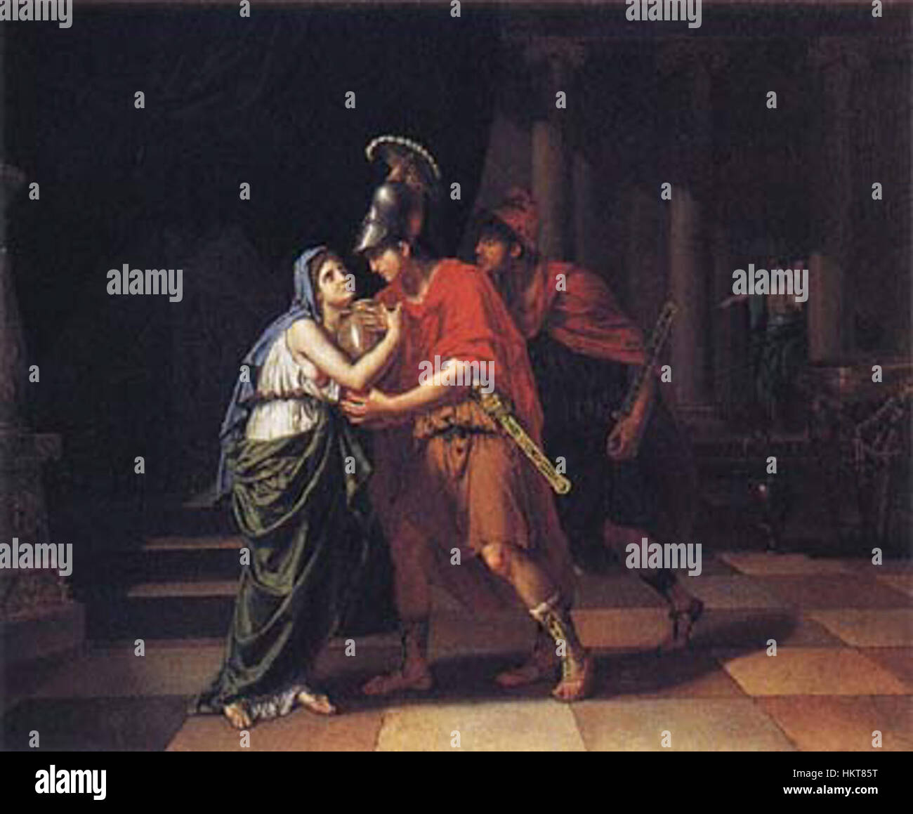 Electra Receiving the Asche ist ein historisches Gemälde, das die mythologische griechische Figur Electra darstellt, die die Asche ihres verstorbenen Bruders Orestes empfängt. Die Szene erfasst die emotionale Intensität der griechischen Tragödie und des familiären Verlustes. Stockfoto