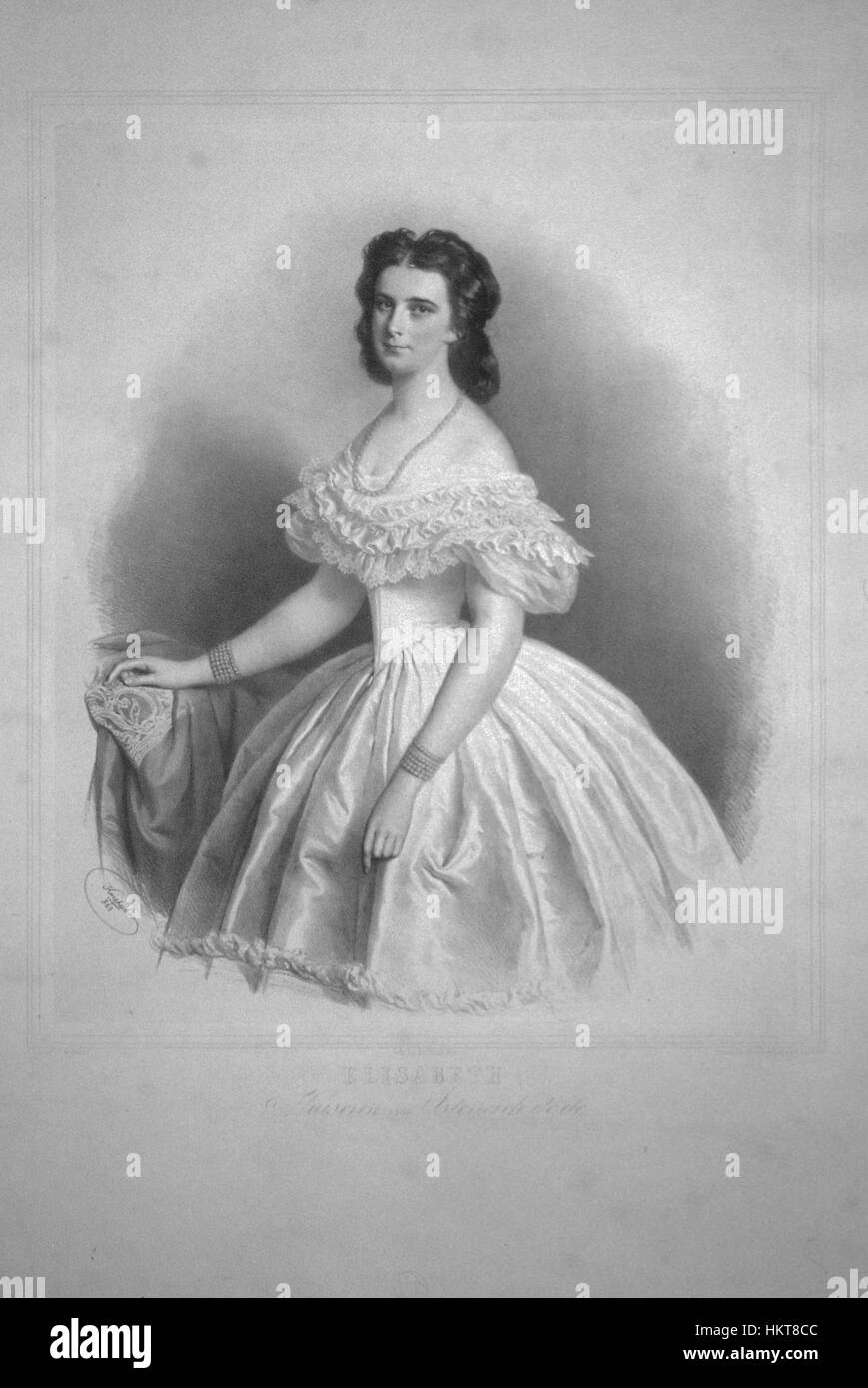 Diese Lithografie aus dem Jahr 1863 zeigt ein Porträt einer Frau namens Elisabeth. Der Druck fängt die Mode und den künstlerischen Stil der Mitte des 19. Jahrhunderts ein und zeigt die detaillierten Arbeiten des Künstlers. Stockfoto