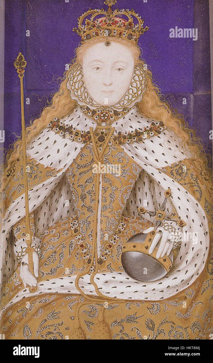 Dieses Miniatur-Kunstwerk zeigt die Krönung von Königin Elisabeth I., einen ikonischen Moment in der englischen Geschichte, mit feinen Details in einem kleinen Format. Stockfoto