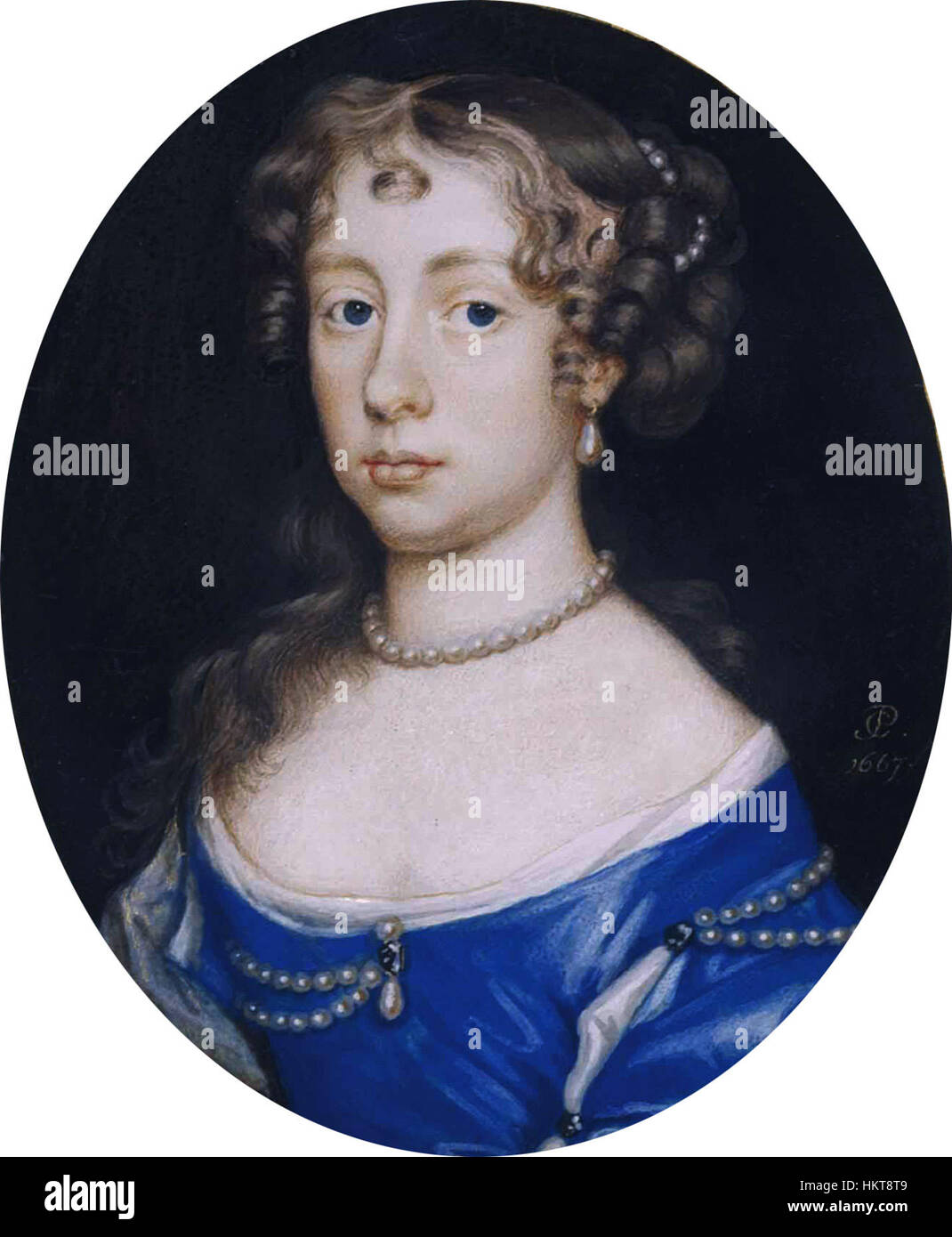 Das Porträt „Elizabeth Stanhope“ von Peter Cross bietet eine raffinierte Darstellung einer historischen Figur aus dem 17. Jahrhundert. Die geschickte Verwendung von Licht und Schatten sowie zarte Details des Künstlers spiegelt Elizabeth Stanhope aristokratische Eleganz und Status wider. Stockfoto