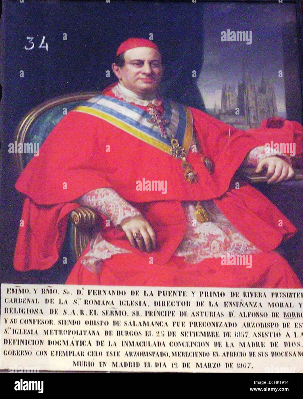 Dieses Porträt von Kardinal Fernando de la Puente y Primo de Rivera (1808–1867) zeigt den spanischen Erzbischof und seine herausragende Rolle in der Kirche. Sein Vermächtnis in der spanischen Kirchengeschichte wird in der künstlerischen Darstellung festgehalten. Stockfoto
