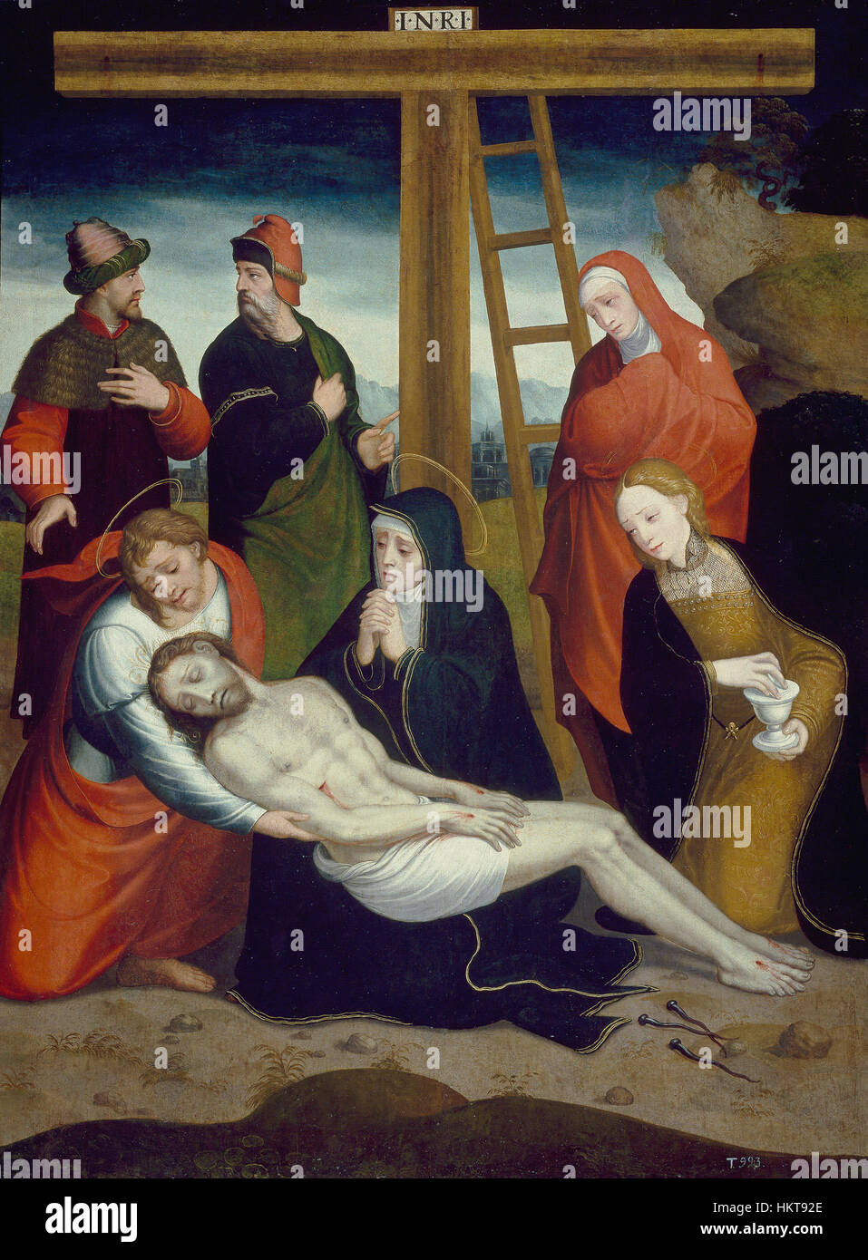 Ein Ölgemälde mit dem Titel „El Descendimiento“ von Juan Correa de Vivar, das die Abkunft Christi vom Kreuz darstellt, eine dramatische und emotionale religiöse Szene aus dem spanischen Barock. Stockfoto