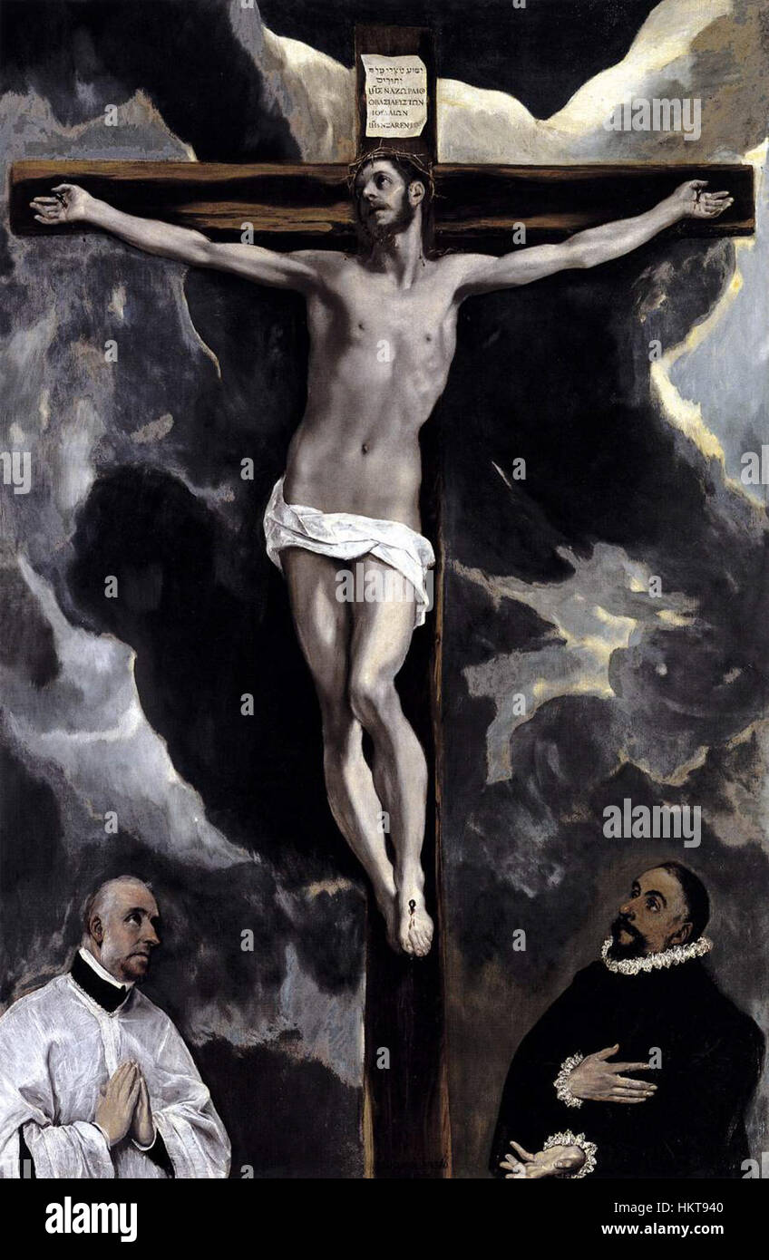 Dieses Gemälde von El Greco, *Christus am Kreuz verehrt von zwei Spendern*, zeigt den Gekreuzigten, umgeben von zwei knienden Spendern, in einer dramatischen Darstellung religiöser Hingabe. Die Komposition hebt El Grecos Verwendung von langen Figuren und intensiven Farben hervor, die typisch für seinen manieristischen Stil sind. Stockfoto