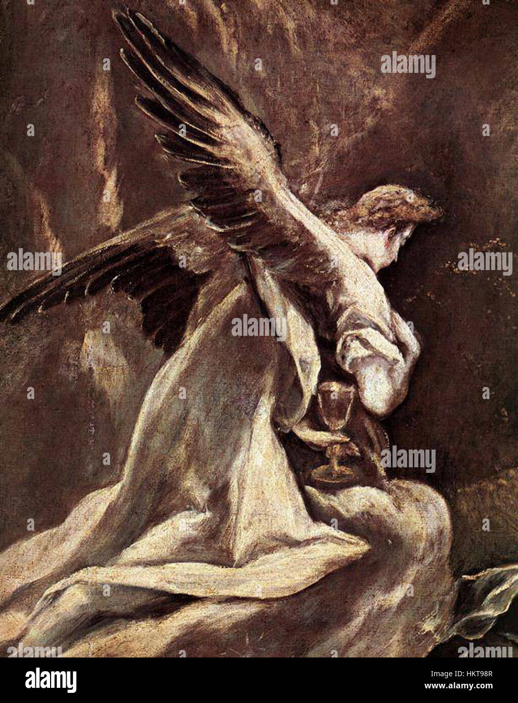 „Die Qual im Garten“ von El Greco ist ein detailliertes Ölgemälde, das Christus im Gebet vor seiner Kreuzigung darstellt. Das Stück veranschaulicht die einzigartige Verwendung von gestreckten Formen und dramatischem Licht, um die spirituelle Intensität der Szene zu unterstreichen. Stockfoto