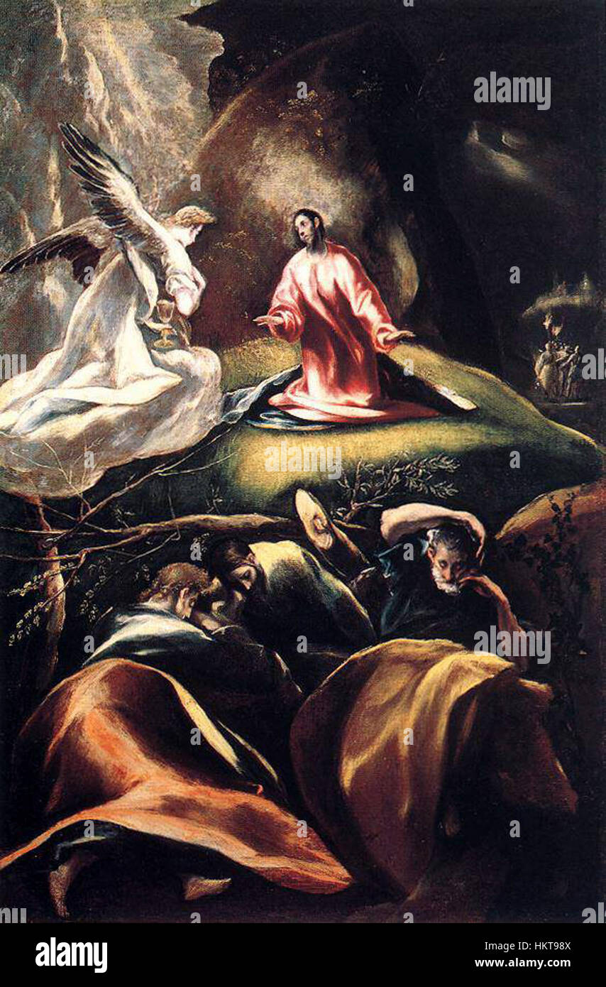 *The Pony in the Garden* von El Greco ist eine dramatische Darstellung des Gebets Christi im Garten Gethsemane. Das Gemälde verwendet intensive Farbkontraste und ausdrucksstarke Figuren, die typisch für El Grecos religiösen Stil sind. Stockfoto