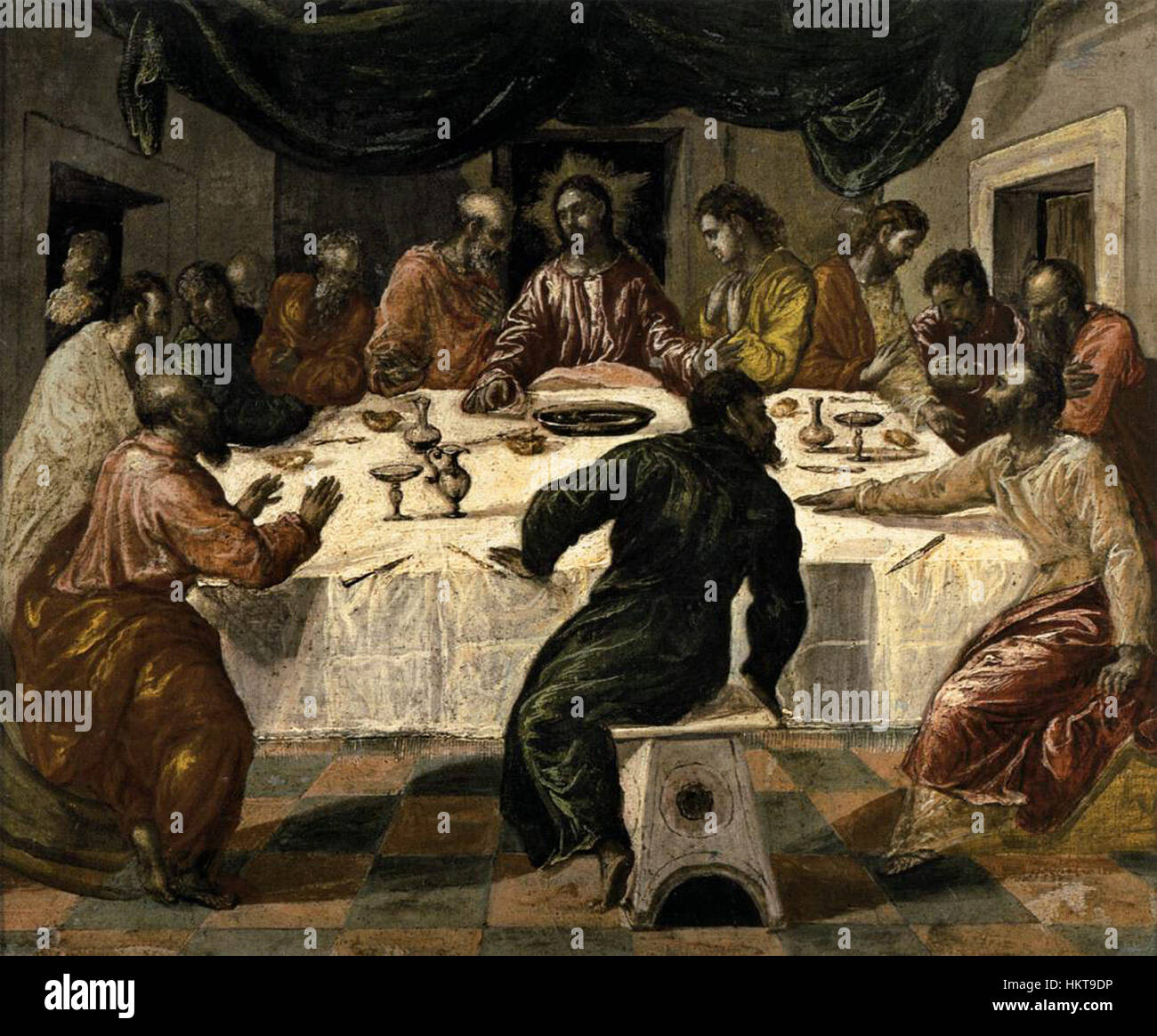 Dieses Gemälde mit dem Titel „El Greco 10“ repräsentiert den Stil des berühmten griechisch-spanischen Malers El Greco aus dem 16. Jahrhundert. Dieses Stück ist bekannt für seine dramatische Verwendung von Farben und langen Figuren und fängt seinen unverkennbaren Ansatz für religiöse Themen und seinen unverkennbaren Ansatz für Raum und Emotionen ein. Stockfoto