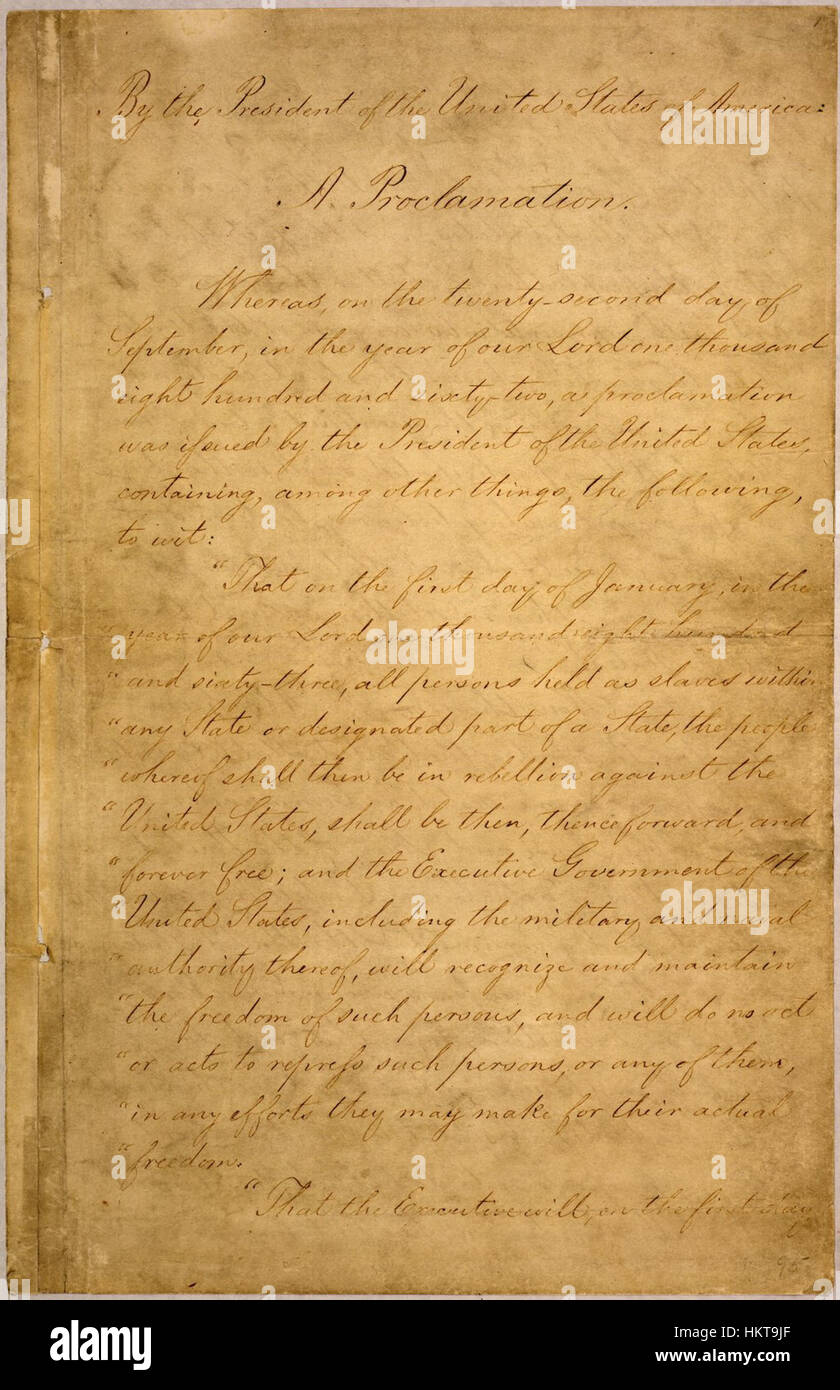 Eine künstlerische Darstellung der Emanzipationsproklamation, das 1863 von Abraham Lincoln herausgegebene Dokument, in dem Sklaven während des Bürgerkriegs Freiheit in Konföderierten staaten erklärt wurden. Stockfoto Eine künstlerische Darstellung der Emanzipationsproklamation, das 1863 von Abraham Lincoln herausgegebene Dokument, in dem Sklaven während des Bürgerkriegs Freiheit in Konföderierten staaten erklärt wurden. Stockfoto