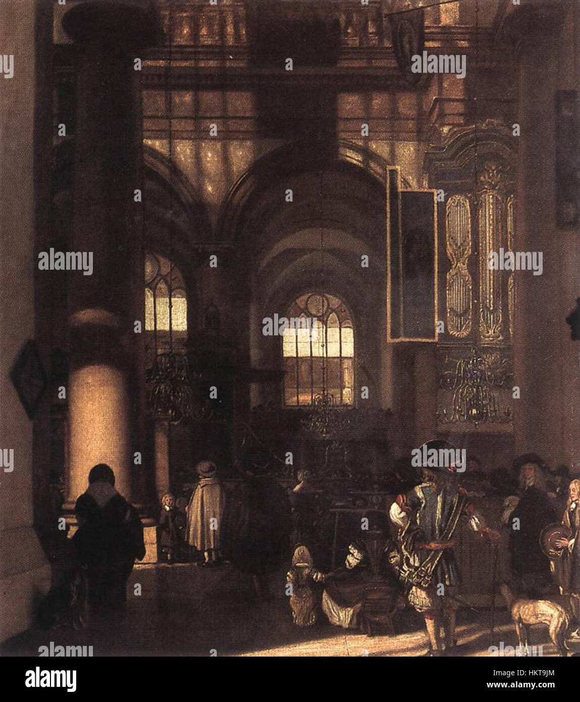 Emanuel de Wittes Gemälde „Inneres einer Kirche“ zeigt eine detaillierte Darstellung des Innenraums einer Kirche, mit einem Schwerpunkt auf architektonischen Elementen und Licht. Der Künstler konzentriert sich auf die ruhige Atmosphäre des Raumes und nimmt die spirituelle und historische Bedeutung des Raumes ein. Stockfoto