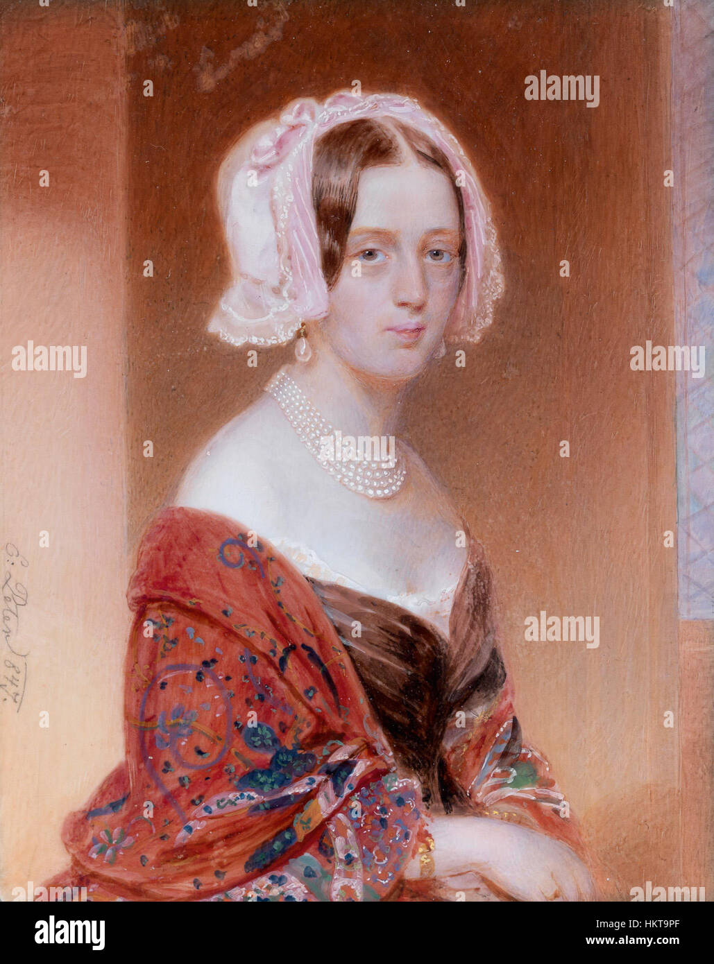 Dieses Porträt von Emanuel Thomas Peter aus dem Jahr 1847 mit dem Titel „Frauenbildnis“ präsentiert ein weibliches Motiv in einem eleganten Setting aus dem 19. Jahrhundert. Das Gemälde veranschaulicht die Kunst des Künstlers, die Mode und den Porträtstil dieser Zeit festzuhalten. Stockfoto