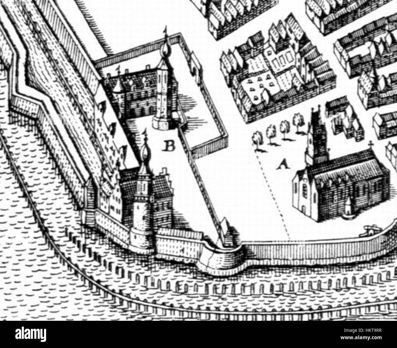 Der Emderburger Stich von Matthäus Merian aus dem Jahr 1640 zeigt die historische Stadt Emden in Norddeutschland. Die detaillierten Arbeiten beleuchten die Architektur, Wasserstraßen und umliegenden Landschaften dieser Zeit und geben Einblicke in das urbane Leben und die Topographie des 17. Jahrhunderts. Stockfoto