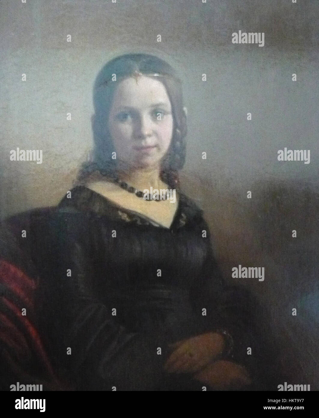 Dieses Gemälde von Johann Peter Hasenclever aus dem Jahr 1842 zeigt Emilie Preyer, geb. Lachewitz. Das Porträt fängt die Eleganz der Sittin im feinen Stil des 19. Jahrhunderts ein und hebt die detaillierten Texturen ihrer Kleidung und die zarten Gesichtszüge hervor. Dieses Werk veranschaulicht den Stil und die Präzision der deutschen Porträtkunst während dieser Zeit. Stockfoto