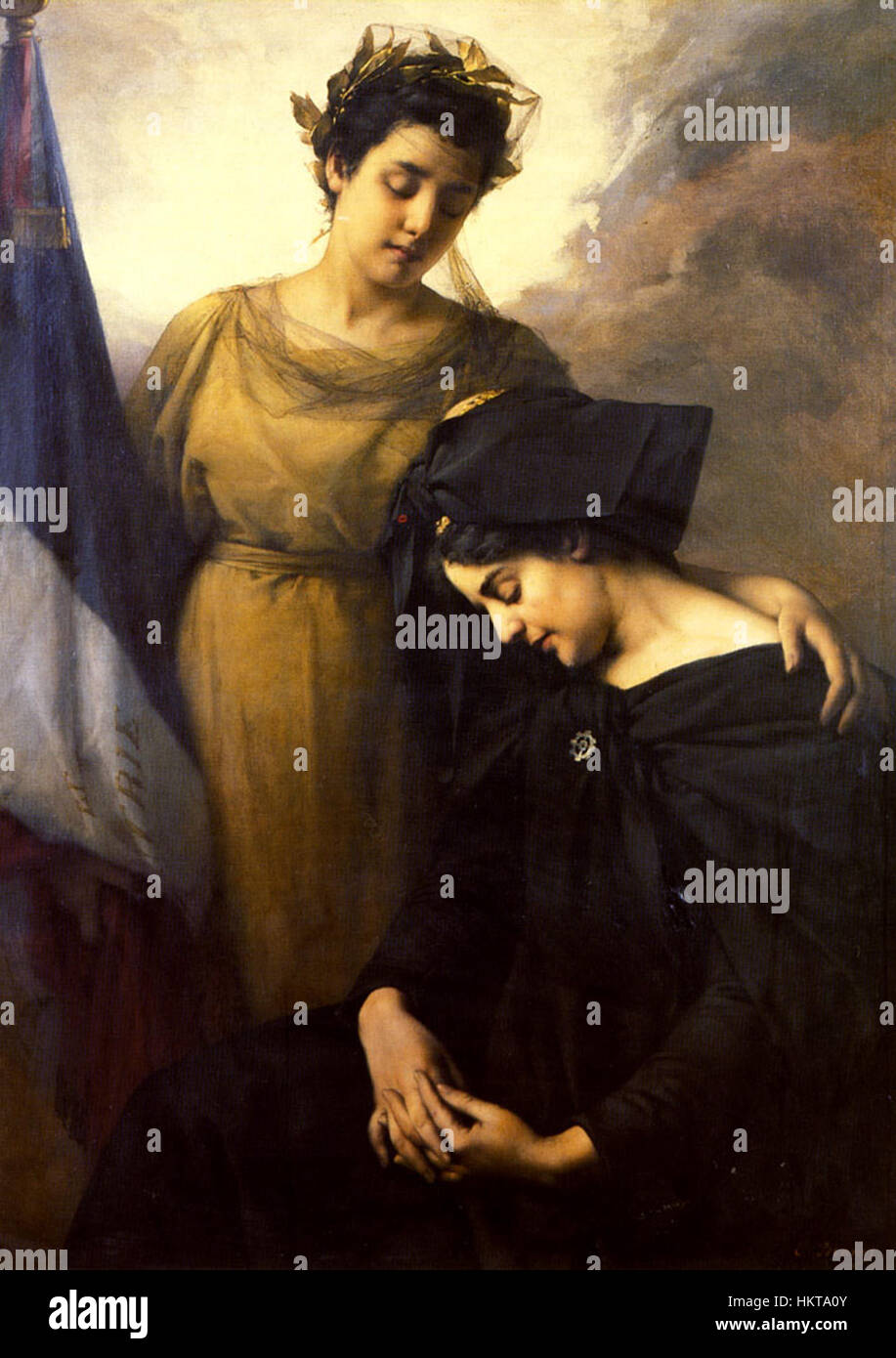 „Der Verlust des Elsass Lothringen“ von Emmanuel Benner fängt den Schmerz und die historische Bedeutung des Verlustes der Region für Deutschland 1871 nach dem Deutsch-Französischen Krieg ein. Das Gemälde ruft eine tiefe emotionale Reaktion auf diesen geopolitischen Wandel hervor. Stockfoto