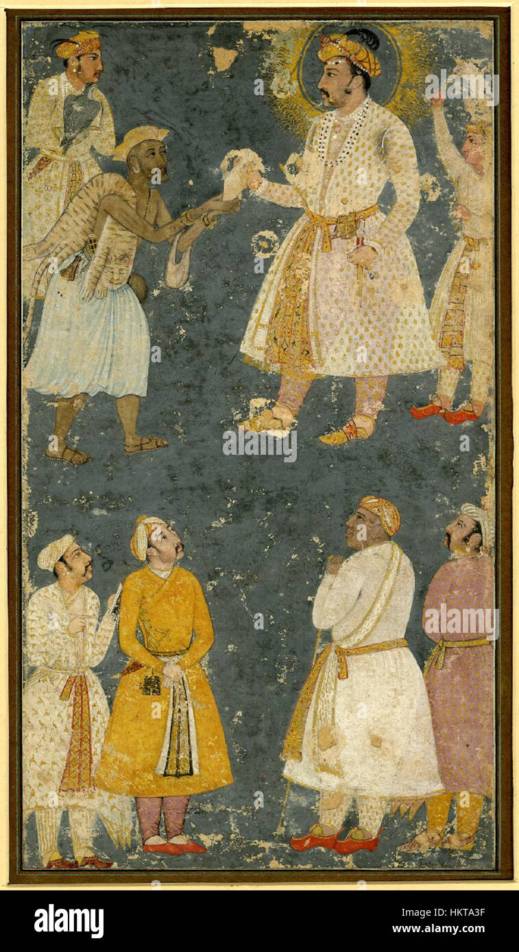 Dieses Kunstwerk zeigt Kaiser Jahangir des Mogulreichs, der eine Petition von einem Fakir erhält, was die Autorität des Kaisers und die spirituelle Bedeutung der Zeit symbolisiert. Das Gemälde spiegelt die Opulenz und die detailreiche Handwerkskunst des Mogulhofes wider. Stockfoto