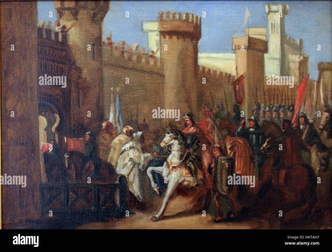 Das Kunstwerk „EntradadeJaimeIenMurcia“ zeigt den Eingang von König Jakob I. in die Stadt Murcia, Spanien. Es zeigt ein historisches Ereignis aus dem 13. Jahrhundert, das die Prozession des Königs in die Stadt zeigt. Stockfoto