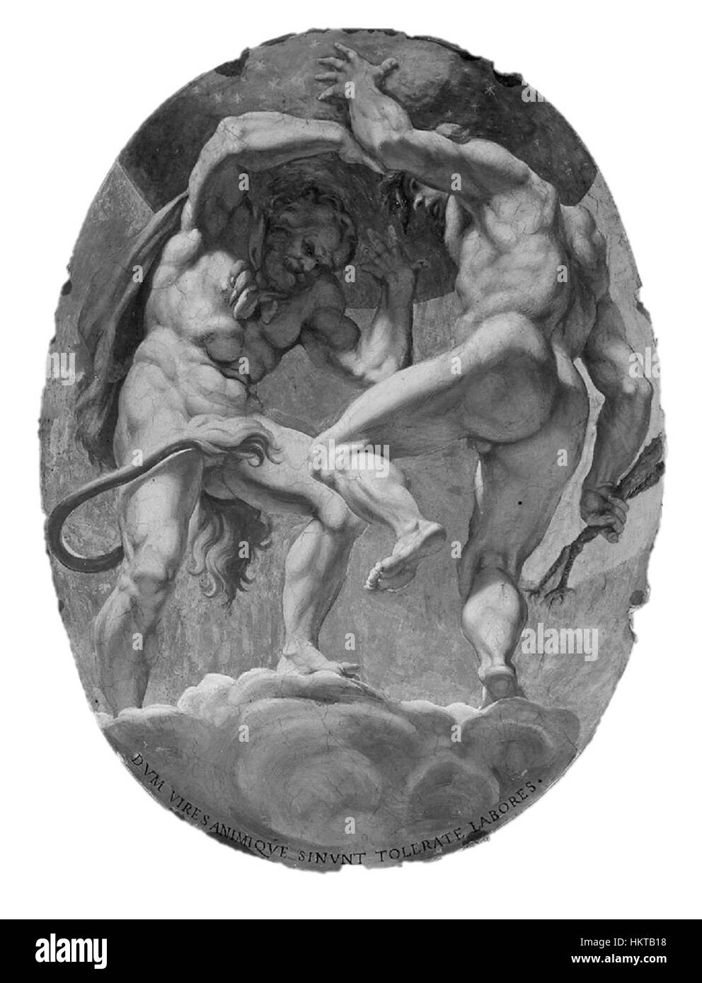 Dieses Kunstwerk zeigt die mythologischen Figuren Herkules und Atlas, zwei prominente Charaktere der griechischen Mythologie. Die Darstellung ihres Kampfes unterstreicht den ewigen Konflikt zwischen Stärke und Ausdauer und spiegelt klassische Themen wider. Stockfoto