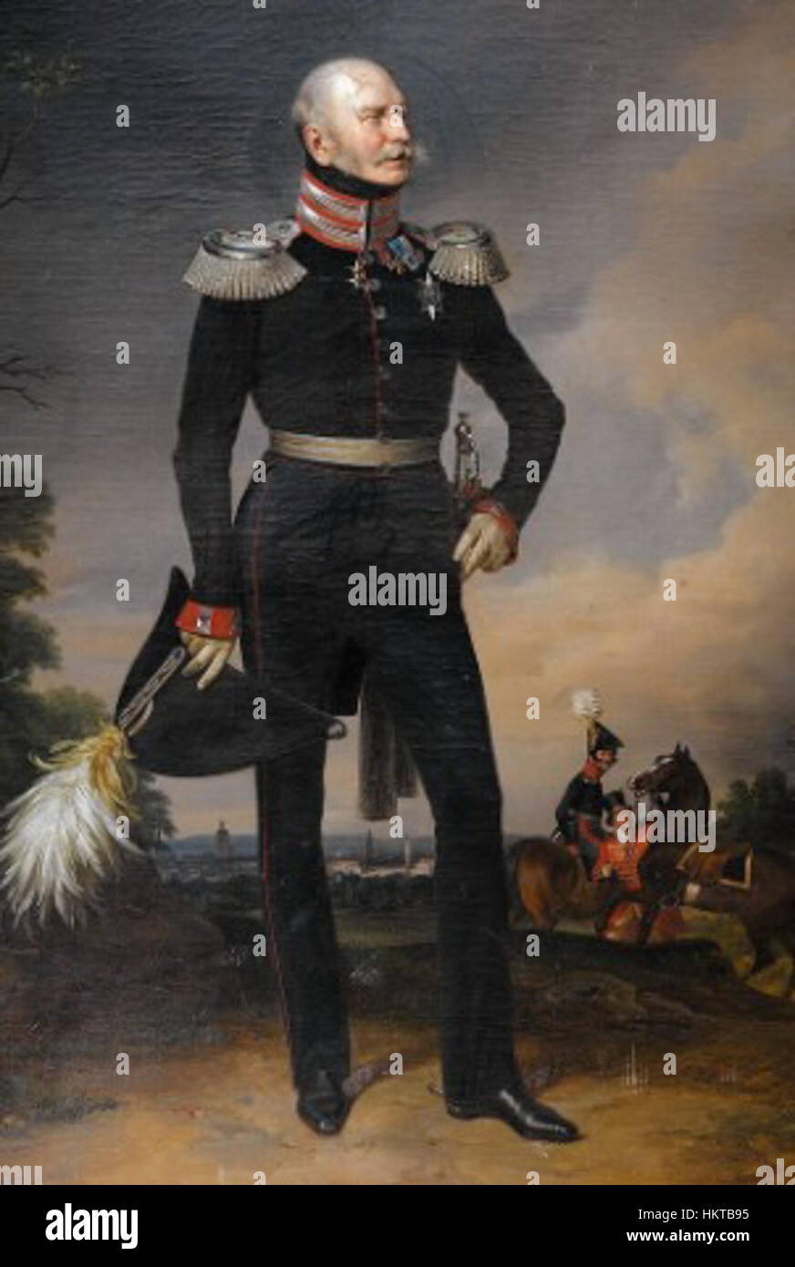 Ernst Augustus, König von Hannover, war eine einflussreiche Figur, und seine Darstellung in diesem Gemälde spiegelt seine königliche Größe und historische Bedeutung wider. Das Werk zeigt die Fähigkeit des Künstlers, königliche würde zu erfassen und gilt als bedeutendes Stück in der historischen Kunstsammlung. Stockfoto