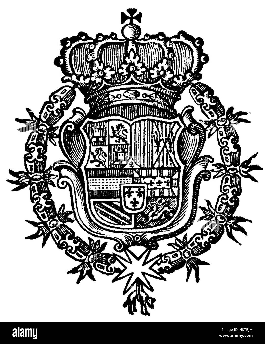 Der „Escut d’Armes de Felip V“ ist ein Wappenwappen aus dem Dekret de Nova Planta, das Philipp V. von Spaniens königlichem Wappen repräsentiert. Dieses Kunstwerk spiegelt die politischen Veränderungen unter seiner Herrschaft in Spanien während des frühen 18. Jahrhunderts wider. Stockfoto