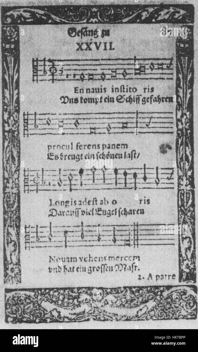 Es kommt ein Schiff, geladen (1608) ist ein deutsches Volkslied, das in Kunst und Musik oft als ein Schiff dargestellt wird, das mit einer Ladung ankommt. Dieses Stück spiegelt die deutsche Kultur des 17. Jahrhunderts wider und ist eine historische Darstellung der Volkstraditionen. Stockfoto
