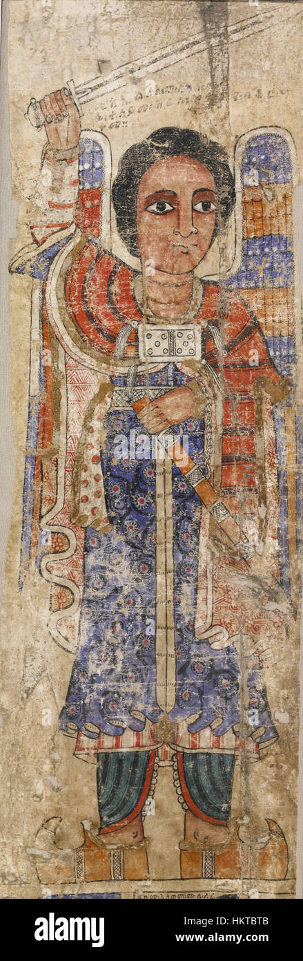 Dieses äthiopische Kunstwerk zeigt Erzengel Michael, eine wichtige religiöse Figur des äthiopischen Christentums, die neben dem biblischen Ereignis der Überquerung des Roten Meeres dargestellt wird. Die lebendigen Farben und symbolischen Bilder betonen die Stärke und göttliche Intervention, die im Zentrum der christlichen Erzählung stehen. Stockfoto