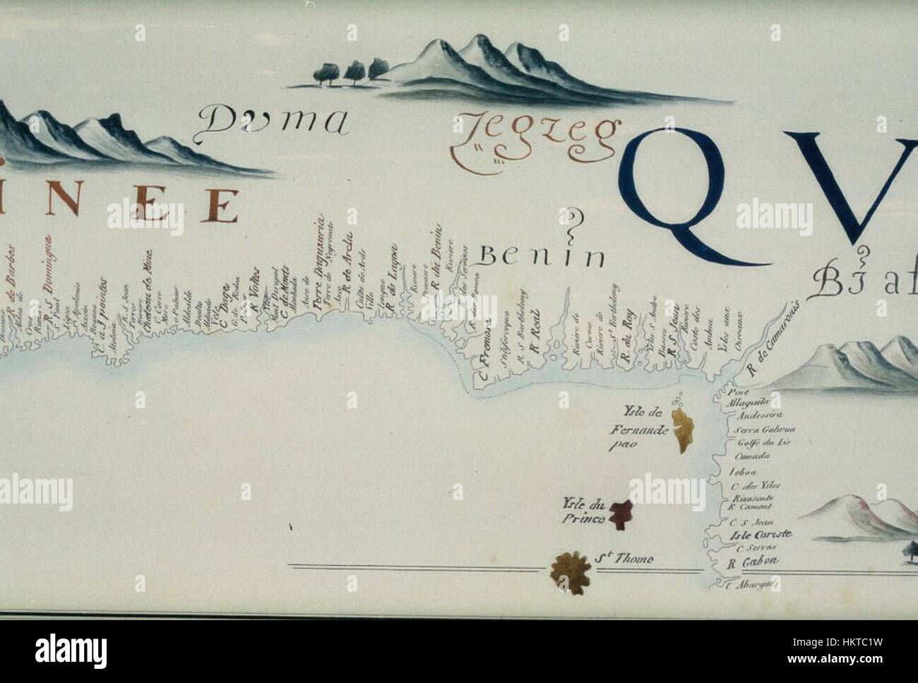 Diese Arbeit zeigt den Golf von Guinea und konzentriert sich auf die historische Bedeutung der Region. Das Stück hebt die maritime Umgebung hervor und erfasst die topografischen Merkmale und den historischen Kontext der Gegend in einem Vintage-Stil. Stockfoto