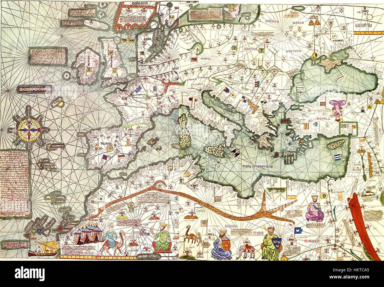 Der katalanische Atlas, eine Karte aus dem 14. Jahrhundert, bietet eine detaillierte Darstellung von Europa und dem Mittelmeer und zeigt geographische Kenntnisse aus dem Mittelalter. Stockfoto