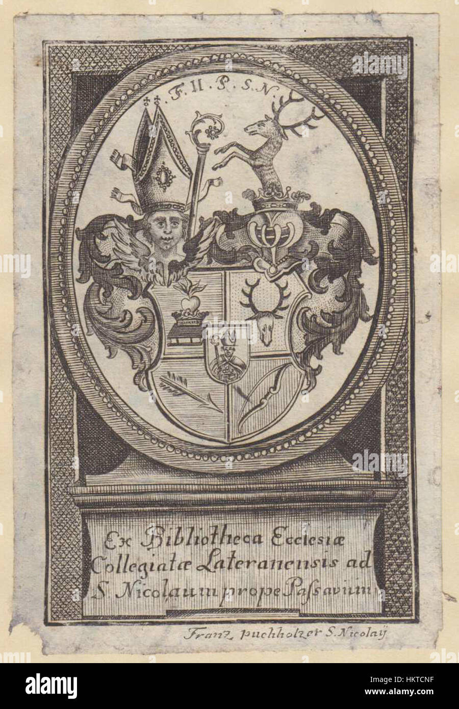 Dieses Ex-libris-Design zeigt einen detaillierten Gravur, der den Augustinerchorherrenstift in Passau, einem historischen Kirchenkomplex, darstellt. Das komplizierte Kunstwerk dient als Leseplatte, die architektonische Elemente mit künstlerischem Symbolismus verbindet. Der Entwurf wurde entworfen, um die kulturelle Bedeutung des Ortes und das damit verbundene religiöse Erbe zu widerspiegeln. Stockfoto