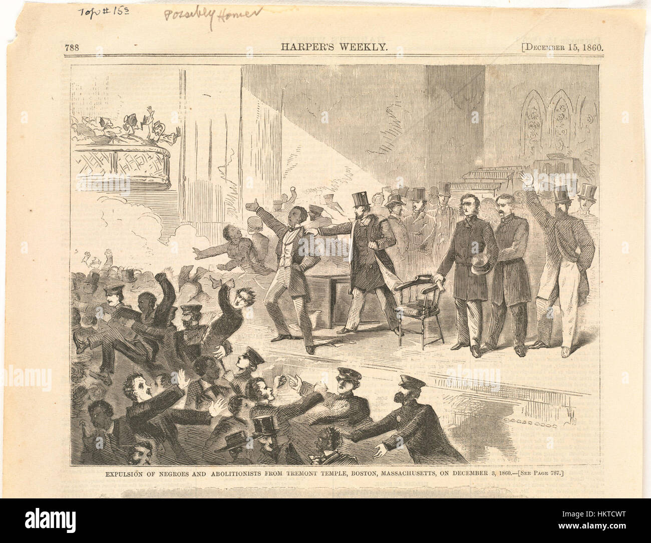 Dieses Gemälde zeigt die Vertreibung von Abolitionisten und Afroamerikanern aus dem Tremont-Tempel in Boston am 3. Dezember 1860. Es dient als visuelle Aufzeichnung des angespannten rassischen und politischen Klimas in Amerika vor dem Bürgerkrieg. Stockfoto