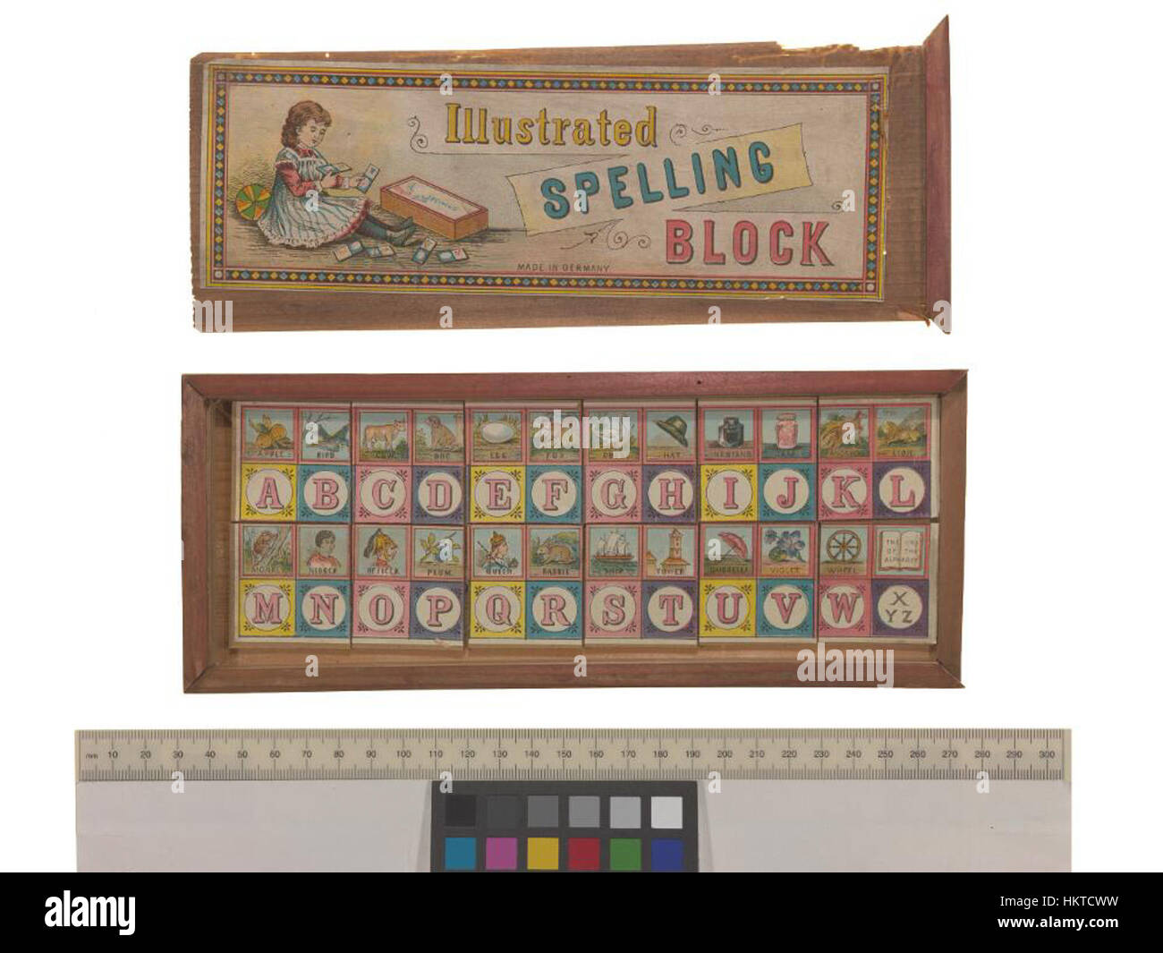 Ein illustrierter Rechtschreibblock in den Bodleian Libraries mit detaillierten Kunstwerken der Briefe und ihrer Darstellungen, die mittelalterliche Bildungsmethoden demonstrieren. Stockfoto