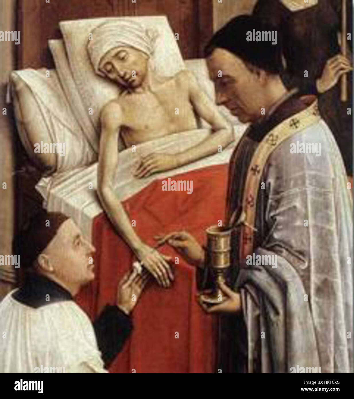 Dieses Ölgemälde von Rogier Van der Weyden zeigt die religiöse Zeremonie der Extreme Unction und veranschaulicht die Festlichkeit und Emotionen der letzten Rituale. Van der Weydens meisterhafter Umgang mit Emotionen und Details macht dies zu einem bedeutenden Werk in der frühen niederländischen Kunst. Stockfoto