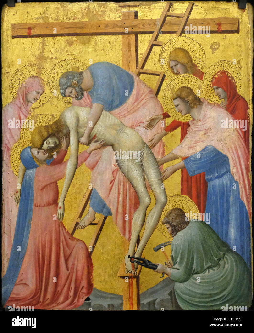 Dieses Kunstwerk von Pietro da Rimini zeigt die Abschrift Christi am Kreuz und zeigt ein bedeutendes religiöses Ereignis. Das Werk befindet sich im Louvre und ist ein klassisches Beispiel der Renaissance-Kunst, mit einem Fokus auf menschliche Emotionen, die theologische Erzählung und die Verwendung von Licht und Schatten. Es ist ein verehrtes Stück religiöser Kunst, das die kulturellen und spirituellen Werte dieser Zeit widerspiegelt. Stockfoto