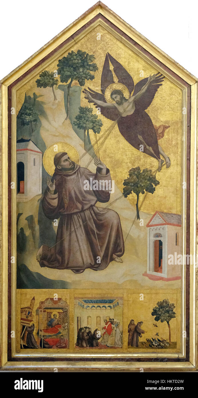 Das Kunstwerk „Stigmate“ von Giotto, das im Louvre untergebracht ist, zeigt eine religiöse Szene, in der die Stigmata Christi dargestellt werden. Das Gemälde zeigt Giottos innovative Nutzung von Raum und Emotionen, was eine bedeutende Entwicklung der Renaissance-Kunst darstellt. Stockfoto