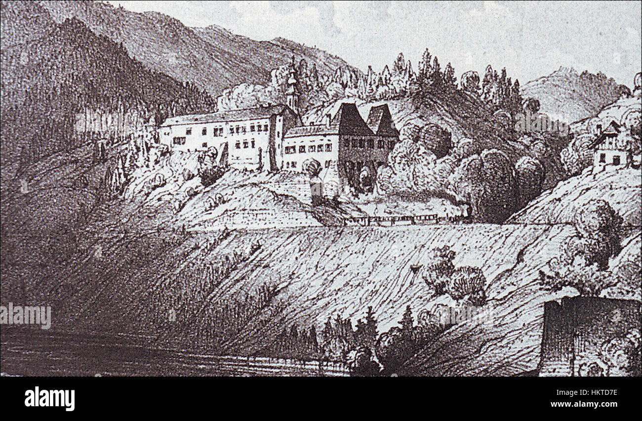 Das Schloss Fala in Polen ist in einem Gemälde aus dem Jahr 1864 dargestellt, das seine architektonische Pracht und historische Bedeutung zeigt. Das Bild spiegelt das mittelalterliche Design der Burg und ihre Rolle als historisches Wahrzeichen in der polnischen Geschichte wider. Stockfoto