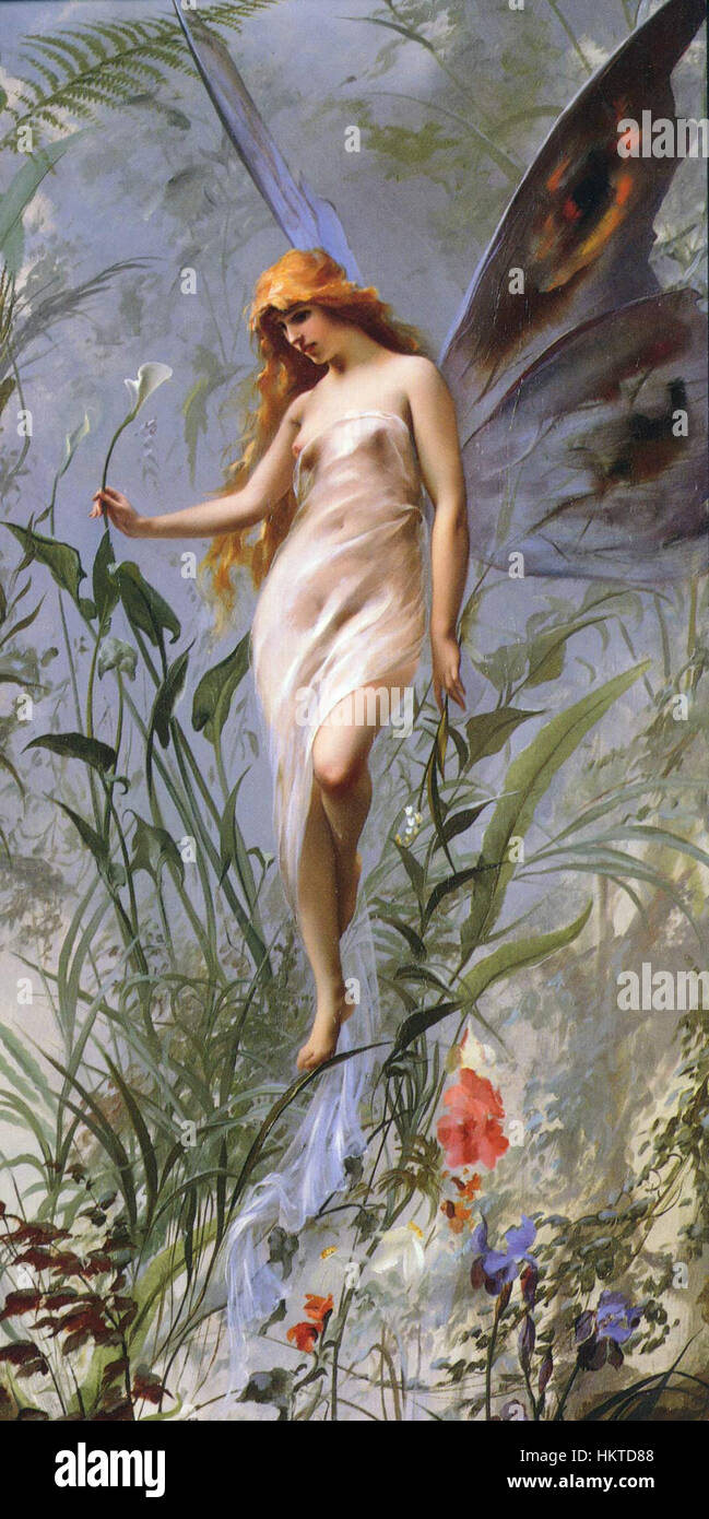 Das Ölgemälde „Lilienfee“ von Luis Ricardo Falero aus dem Jahr 1888 zeigt eine Fantasieszene einer Fee und zeigt den charakteristischen Stil des Künstlers mit mythologischen und ätherischen Motiven. Stockfoto