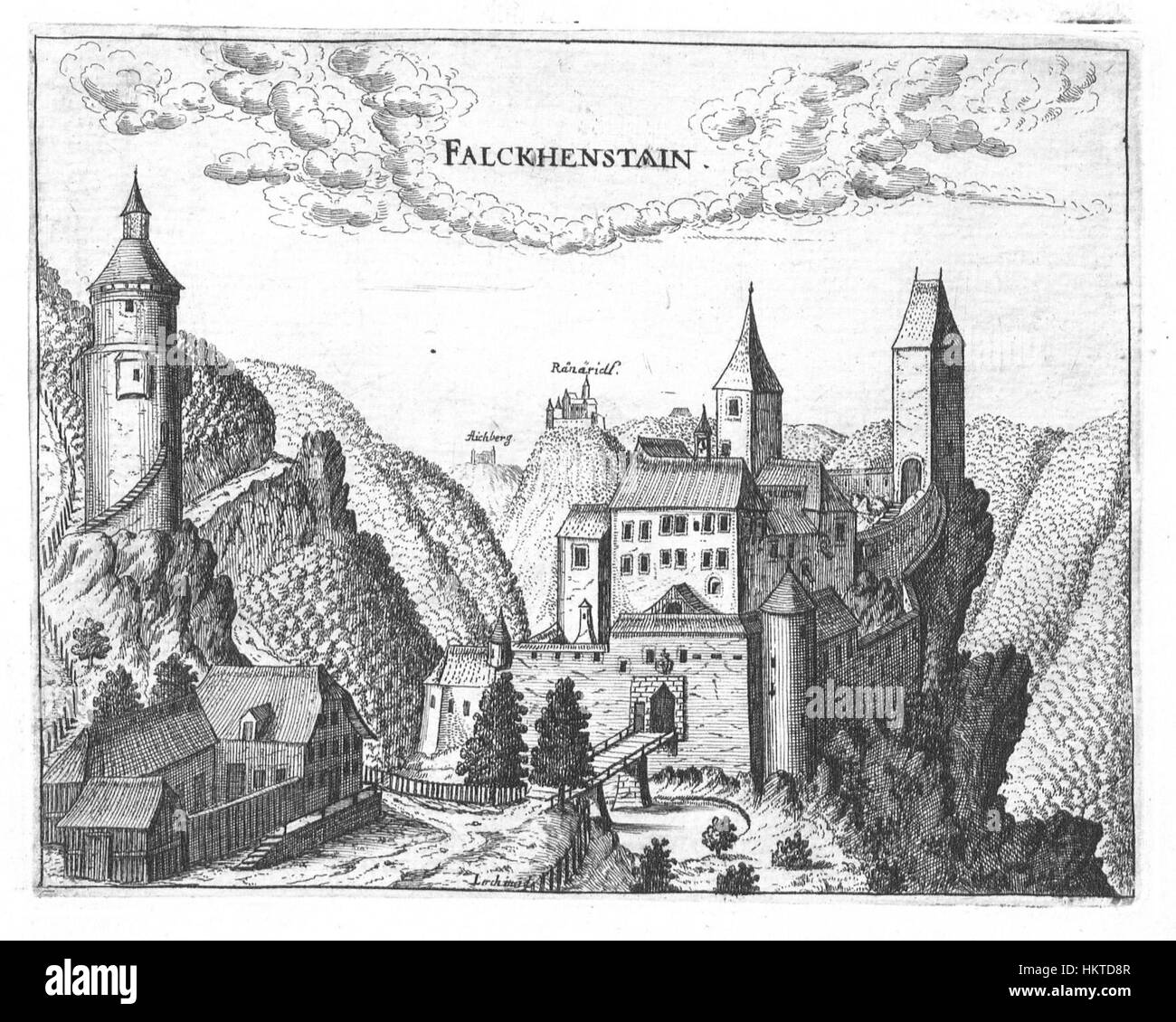Falkenstein Vischers Werk erfasst historische europäische Landschaften und zeigt das Verhältnis von Natur und Architektur. Seine Kunst ist bekannt für seine komplizierten Details und die Erforschung historischer Schauplätze. Stockfoto