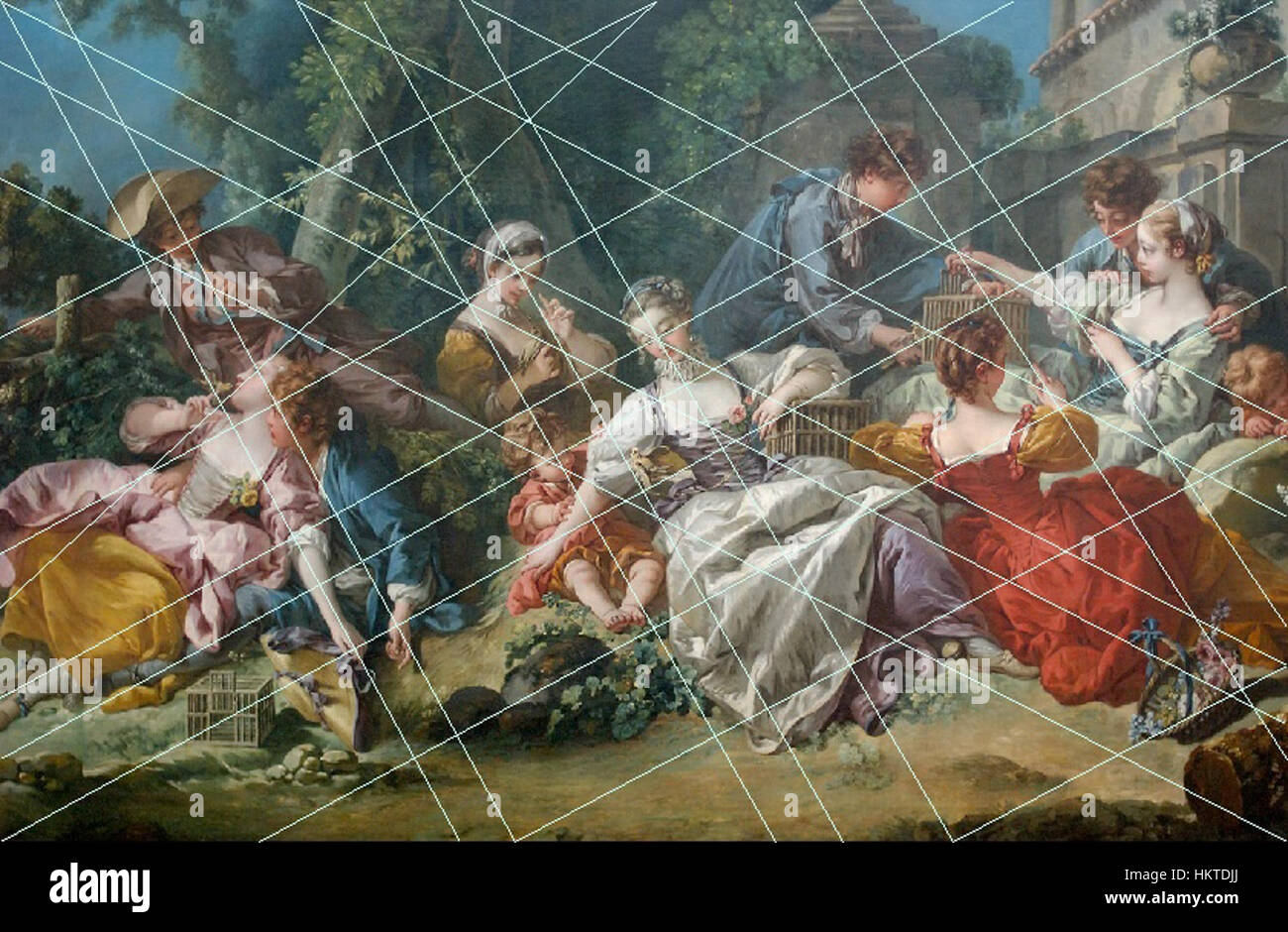 *FB BirdCatchers2* aus dem Jahr 1748 zeigt eine Szene des Vogelfangs, eine Aktivität, die im 18. Jahrhundert üblich war. Das Gemälde verwendet lebendige Farben und dynamische Komposition, um die Bewegung und die Feinheiten des Vogelfangprozesses festzuhalten, ein beliebtes Motiv in der Kunst der Epoche. Stockfoto