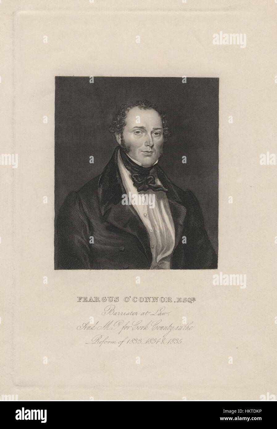 Ein Porträt von Feargus Edward O’Connor, einer prominenten irischen politischen Persönlichkeit des 19. Jahrhunderts und Führer der Chartistischen Bewegung. Das Gemälde spiegelt O’Connors entschlossenen und einflussreichen Charakter wider und spiegelt seine Rolle bei der Förderung politischer Reformen und sozialer Veränderungen in Großbritannien und Irland wider. Stockfoto
