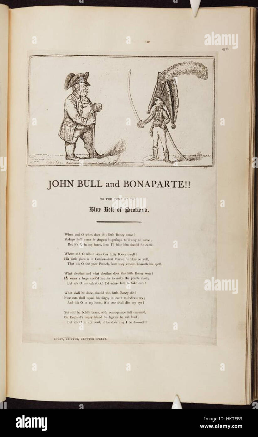 John Bull and Bonaparte ist ein satirischer politischer Cartoon, der John Bull, die Personifikation Englands, darstellt und Napoleon Bonaparte gegenüberstellt. Das in den Bodleian Libraries untergebrachte Kunstwerk kommentiert mit Humor und Symbolik das politische Klima während der Napoleonischen Kriege und spiegelt die britische Stimmung gegenüber Napoleon wider. Stockfoto