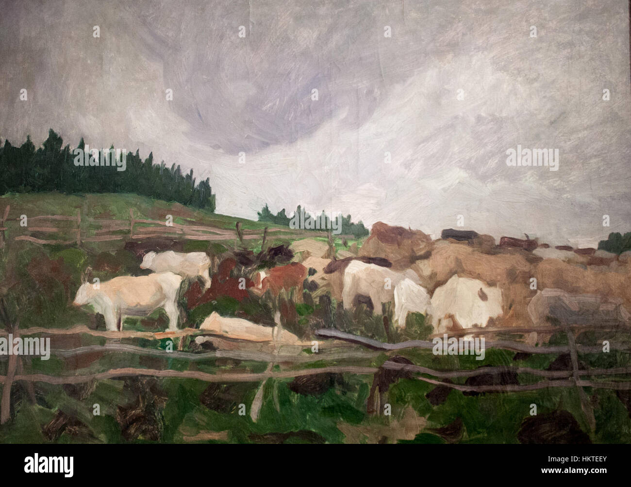 Die *Herde von Ochsen in Izvora II* von Ferenczy ist ein landschaftliches Landschaftsbild, das eine Herde von Ochsen in der ländlichen Umgebung von Izvora zeigt. Die Arbeit ist eine Darstellung des ländlichen Lebens in Ungarn und veranschaulicht die Einfachheit und harte Arbeit, die mit der Landwirtschaft verbunden ist. Die Verwendung von Licht und Naturalismus in diesem Gemälde unterstreicht Ferenczys Verbindung zur Natur und seine Meisterschaft bei der Aufnahme von ländlichen Szenen. Stockfoto