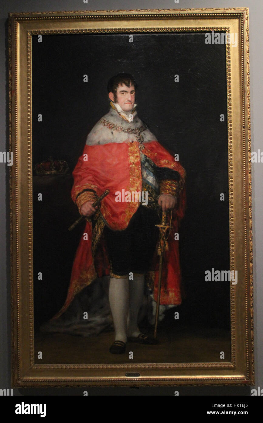 Dieses historische Porträt zeigt König Fernando VII. Von Spanien, der während einer turbulenten Periode in der spanischen Geschichte regierte. Seine Herrschaft war geprägt von politischer Instabilität, dem Krieg auf der Halbinsel und dem Verlust spanischer Kolonien in Amerika. Stockfoto