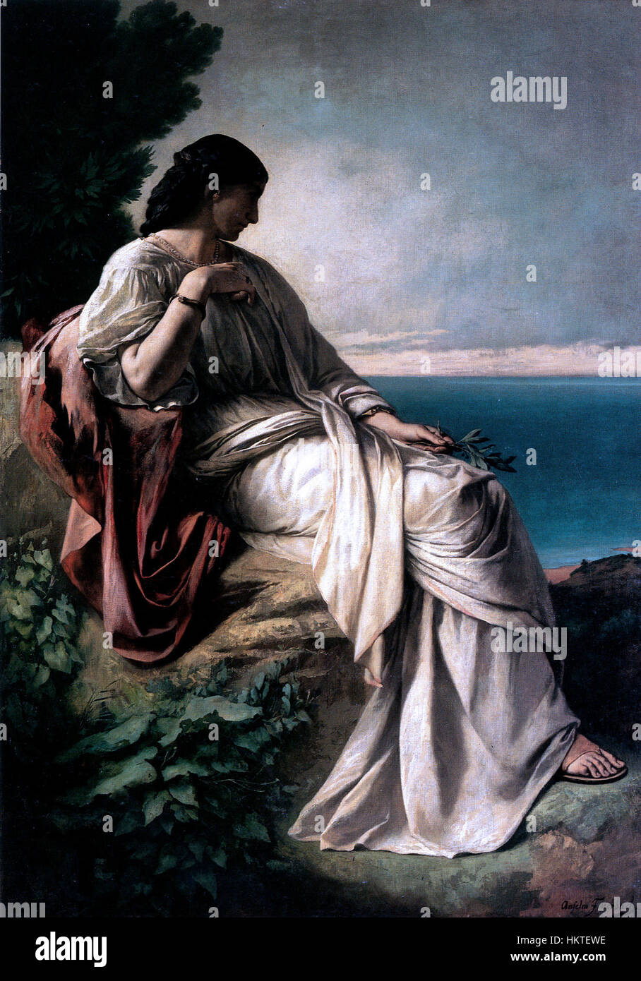 „Iphigenie“ von Feuerbach stellt die mythologische griechische Figur Iphigenie dar und erforscht Themen wie Opfer und Tragödie. Das Gemälde ist ein Paradebeispiel der Romantik in der Kunst des 19. Jahrhunderts. Stockfoto